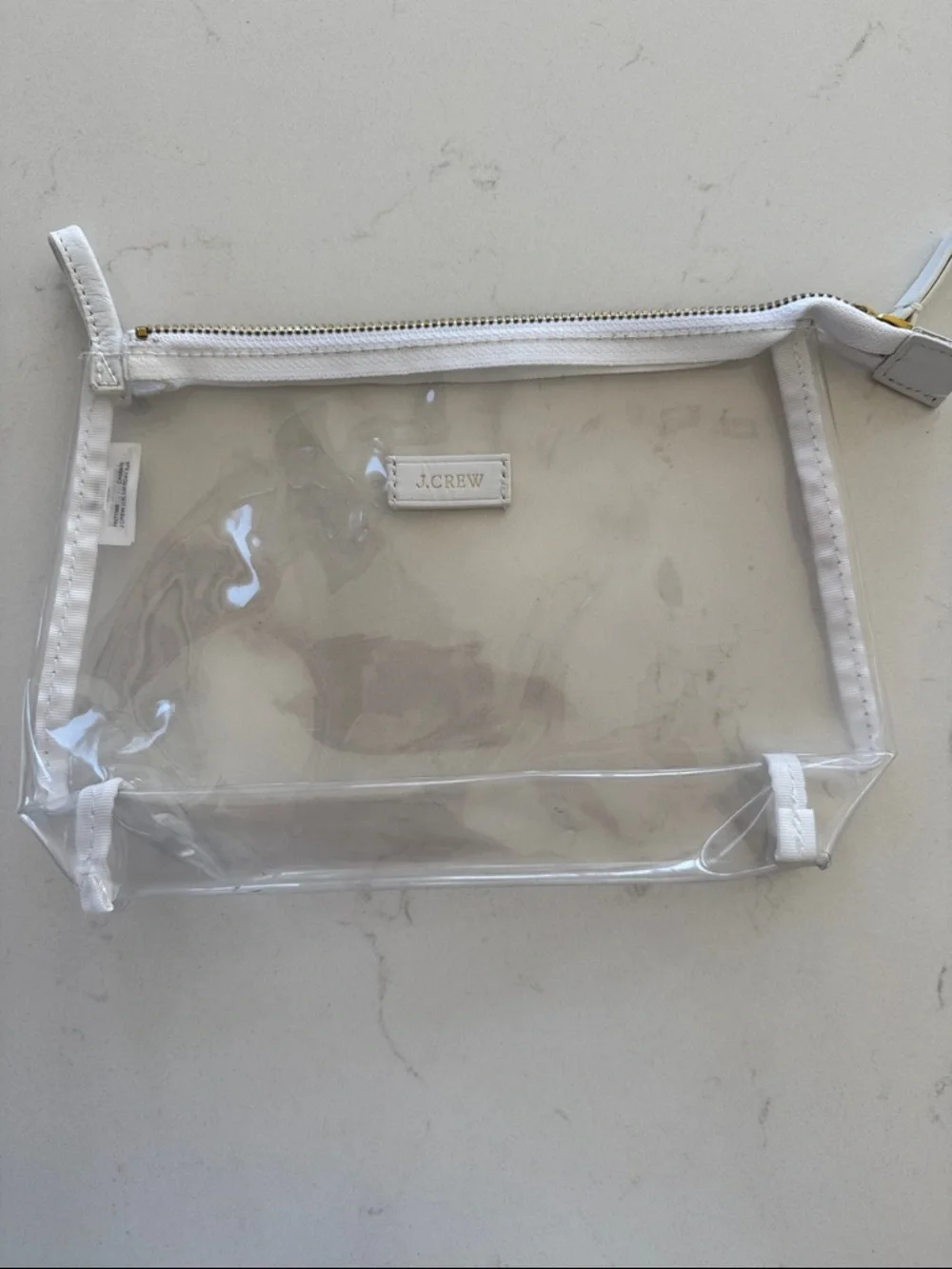 J. Crew Clear Vinyl Cosmetic Pouch with White Trim and Gold Zipper